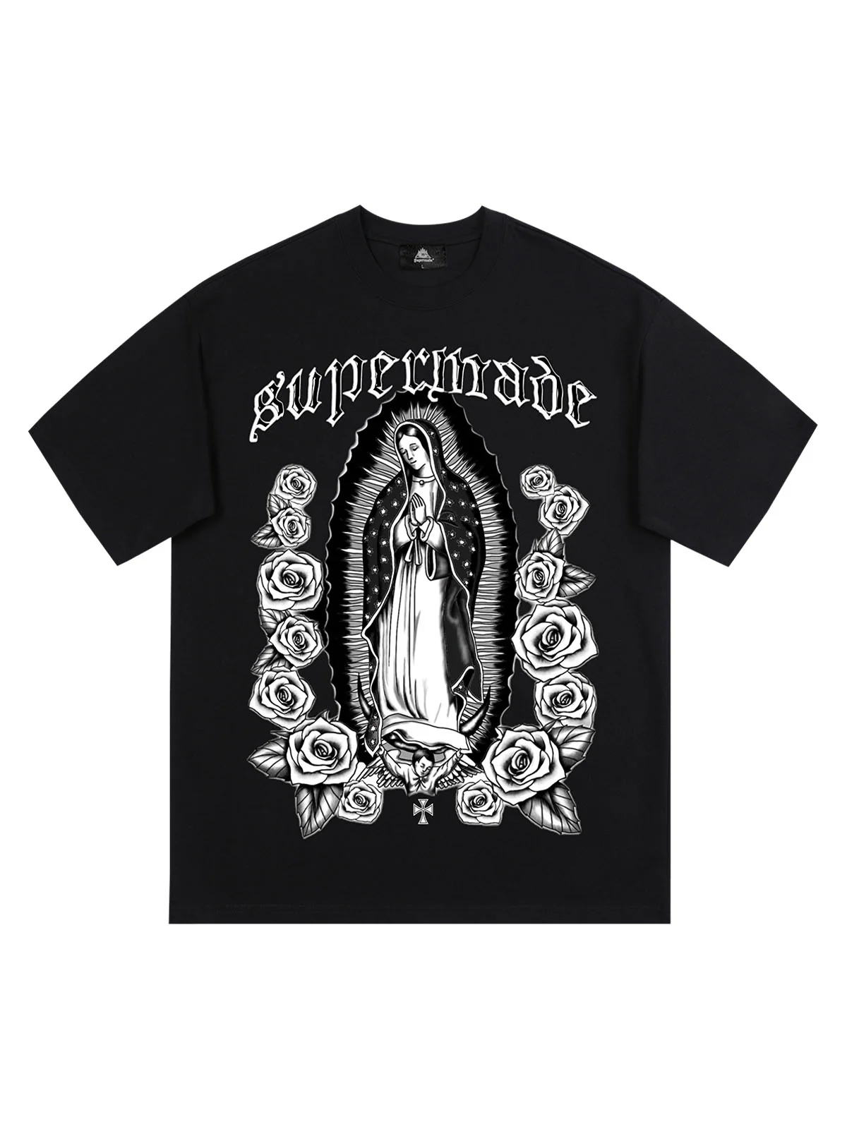 Original Retro Gothic Virgin Mary Floral Print T-Shirt