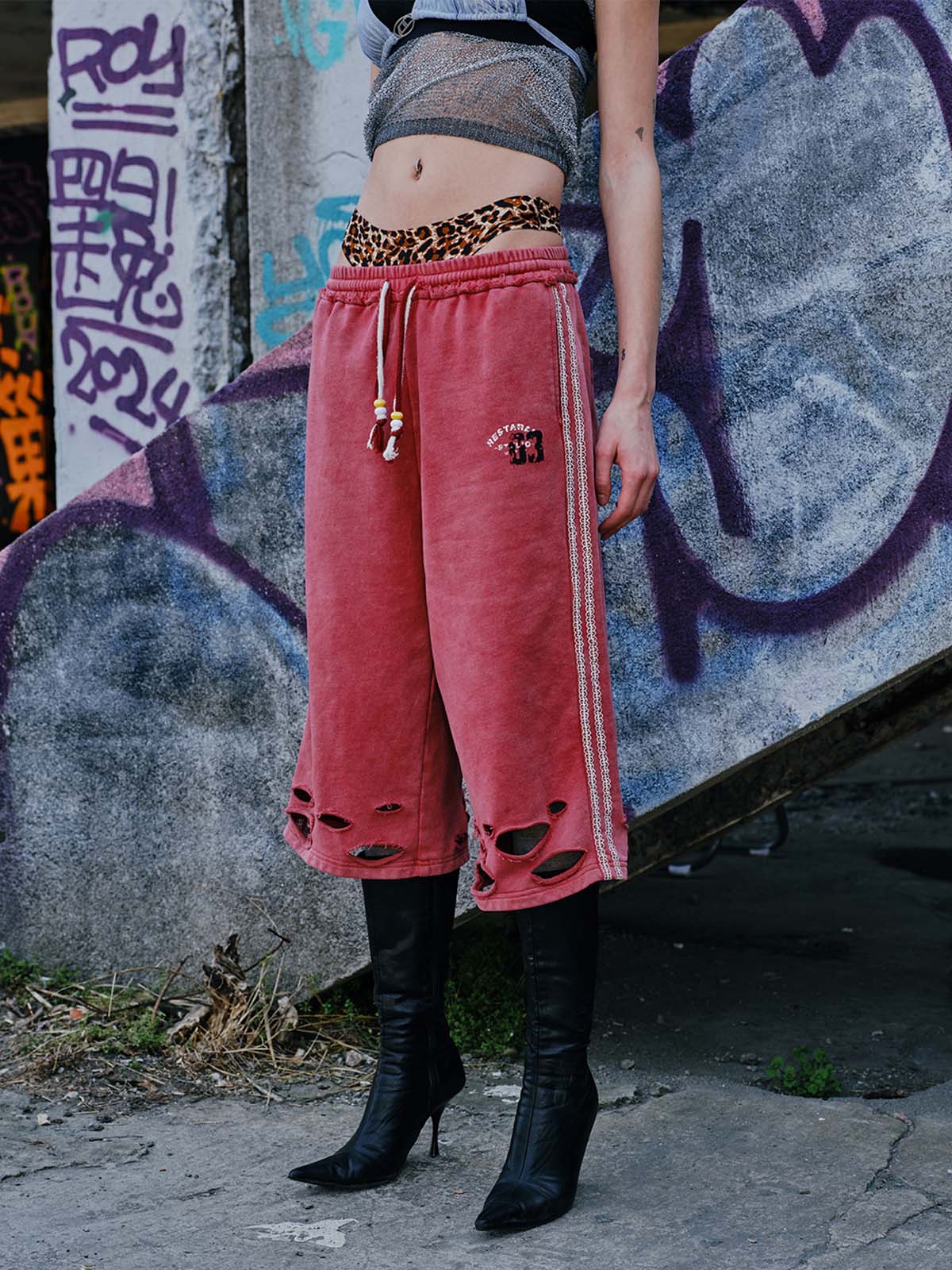 Distressed Ripped Red Culotte Jorts