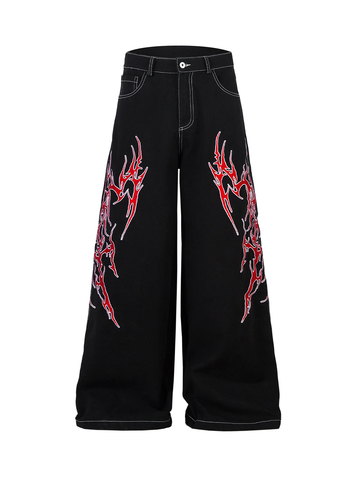 Contrast Flame Embroidered Baggy Jeans - 2364