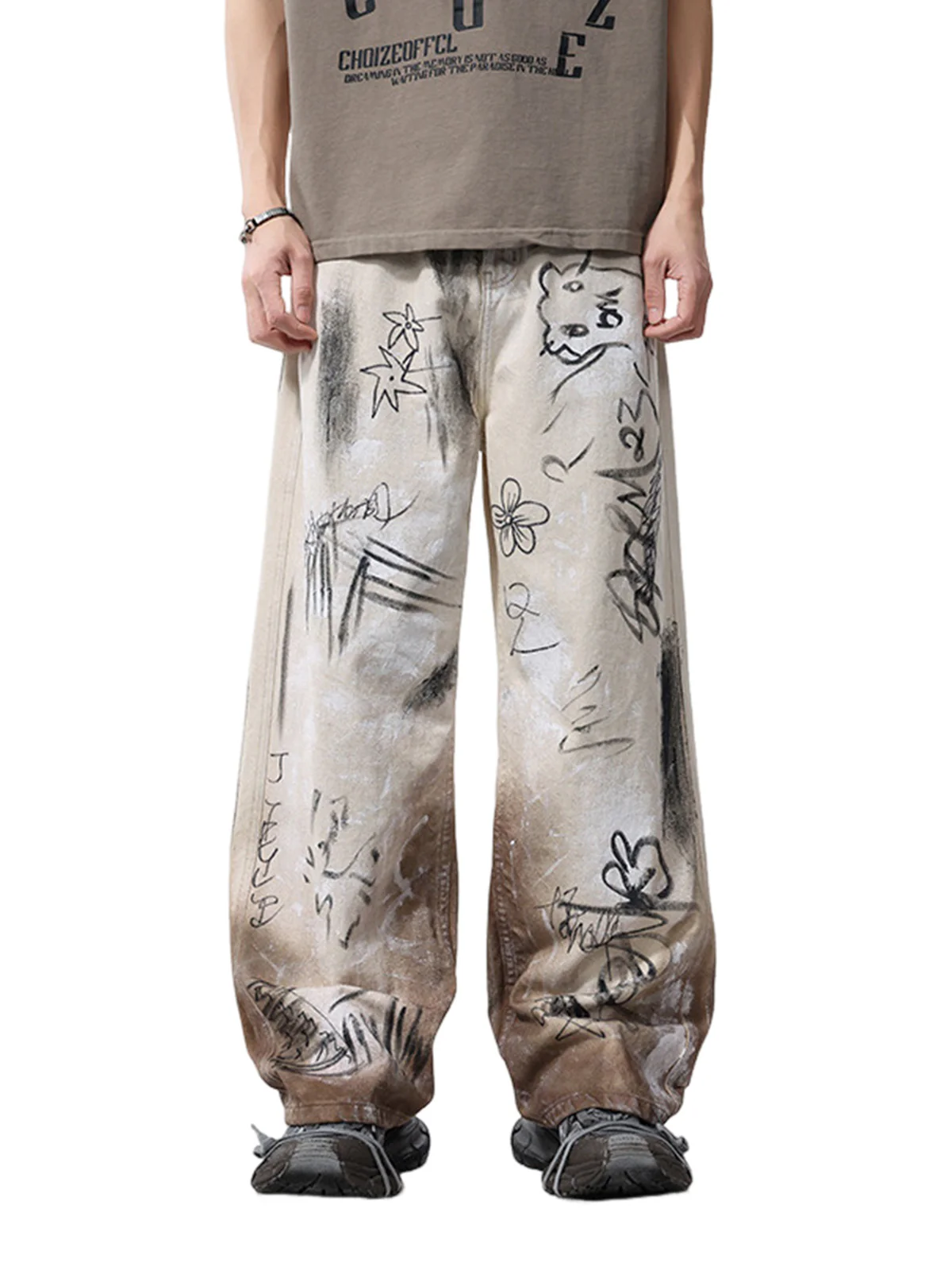 Distressed Washed Graffiti Baggy Jeans