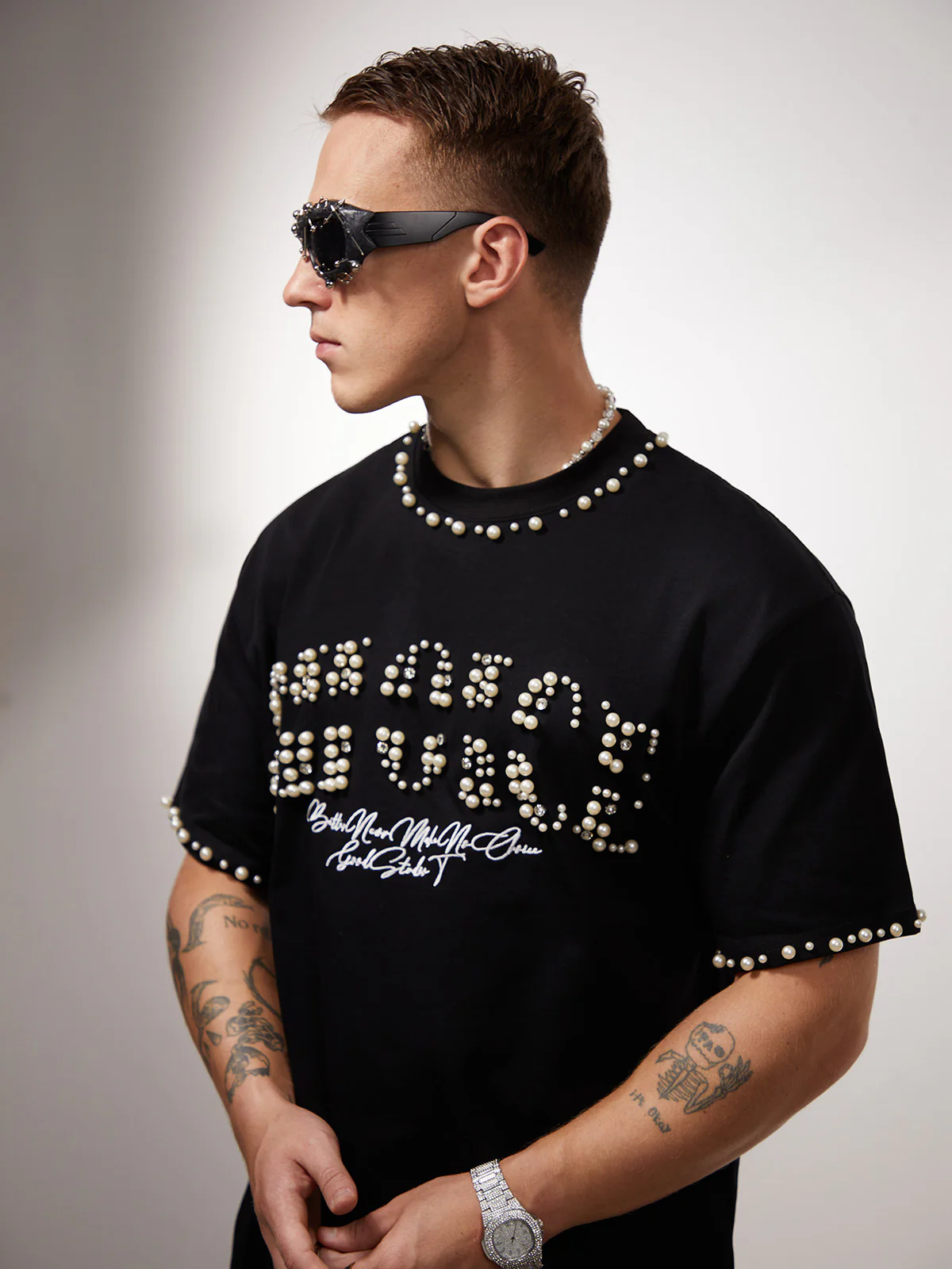 Elegant Pearl-Embellished Oversized T-Shirt