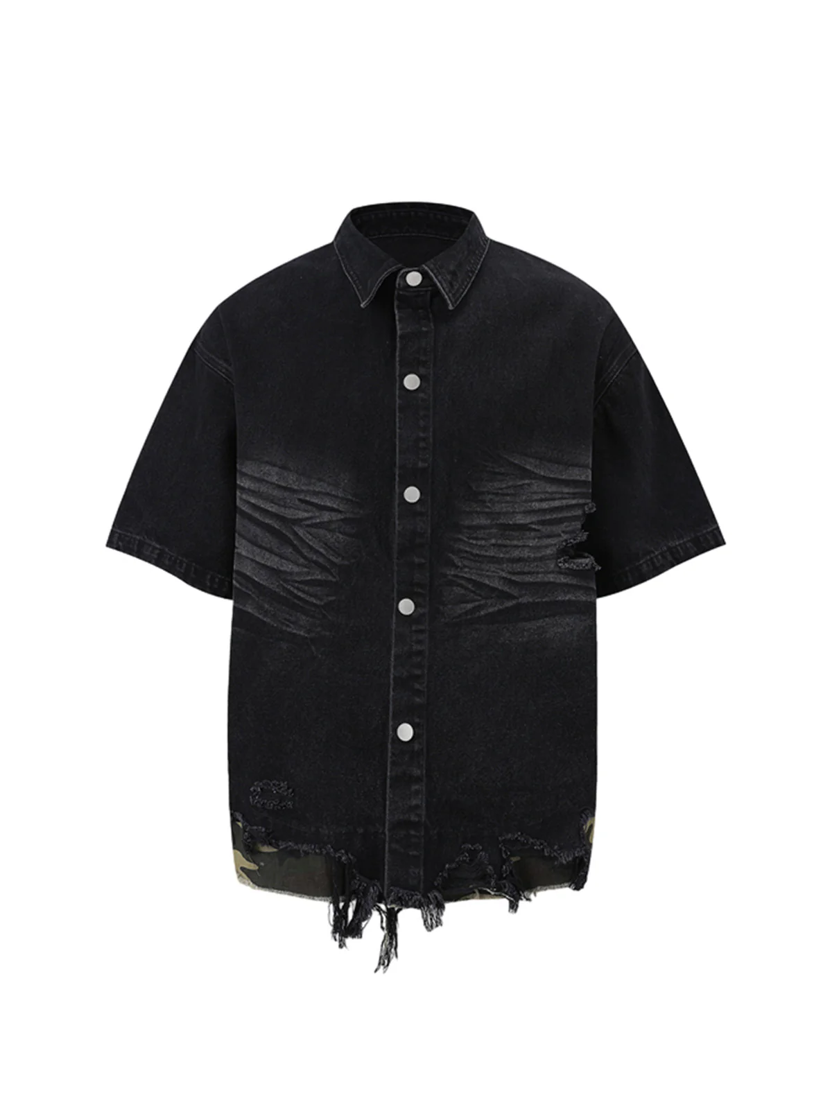 Thesupermade Patchwork Camouflage Ripped Shirt Jorts Denim Suit