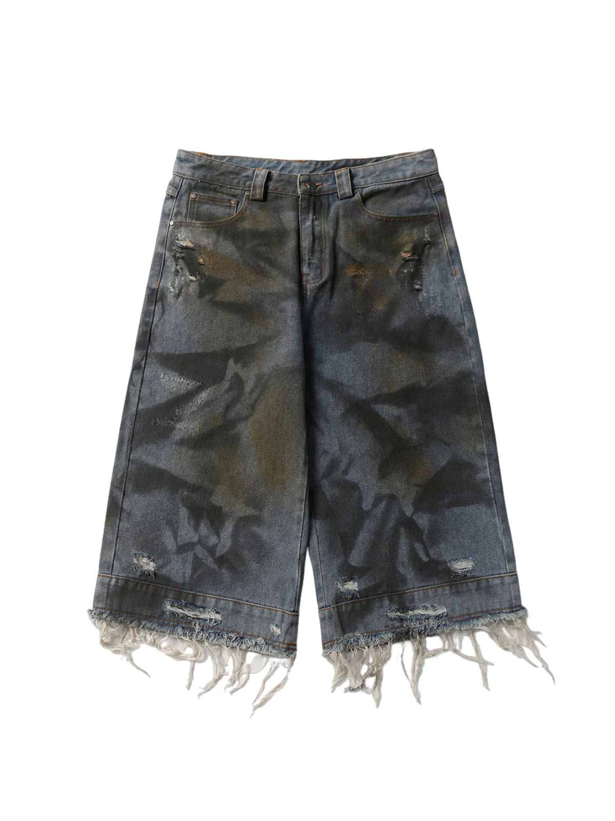 Washed Dirty Ripped Denim Cropped Jorts - 2351