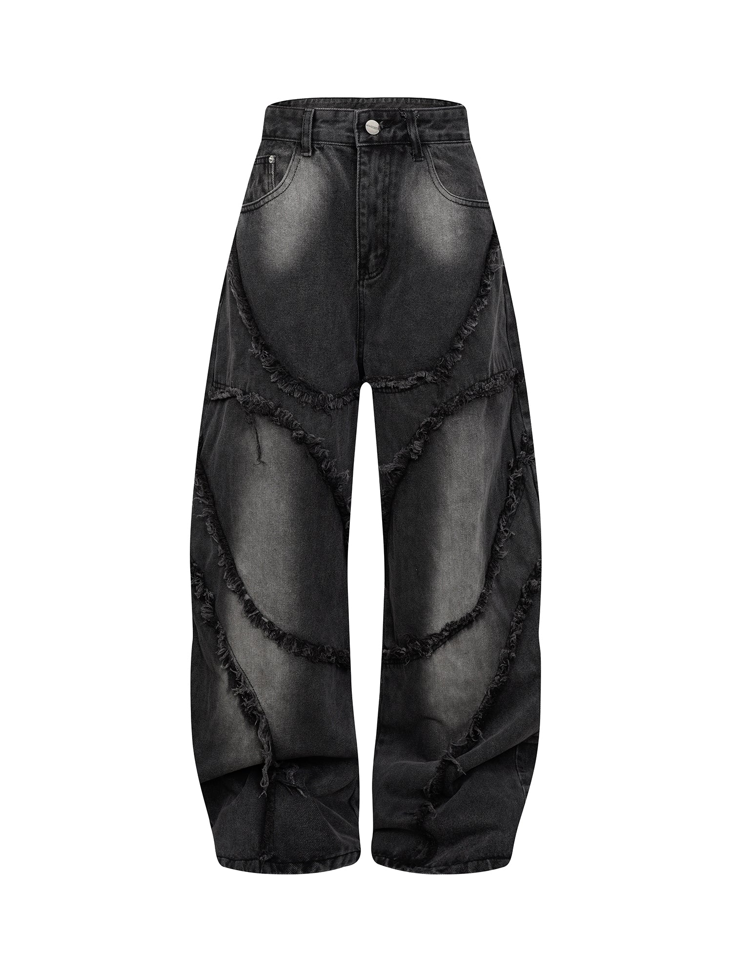Washed Distressed Raw Edge Barrel Jeans - 2402