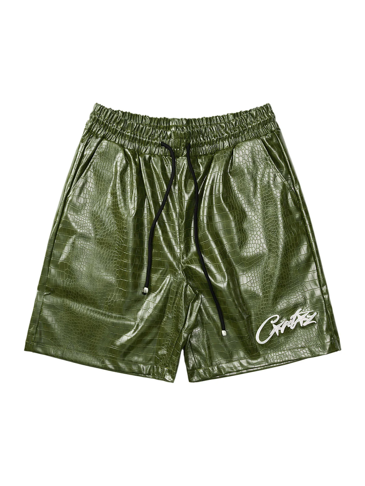 Letter Embroidered Leather Shorts