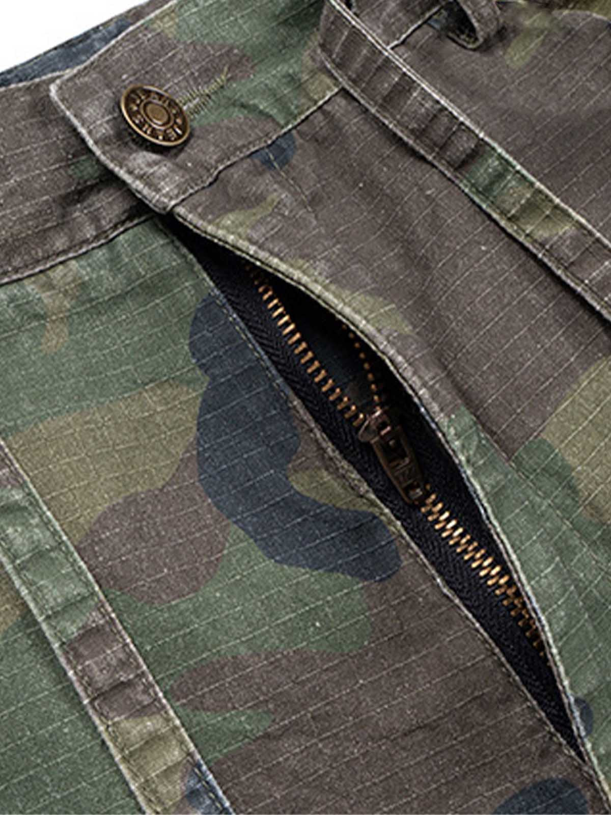 Washed Destroyed Camouflage Drawstring Cargo Shorts