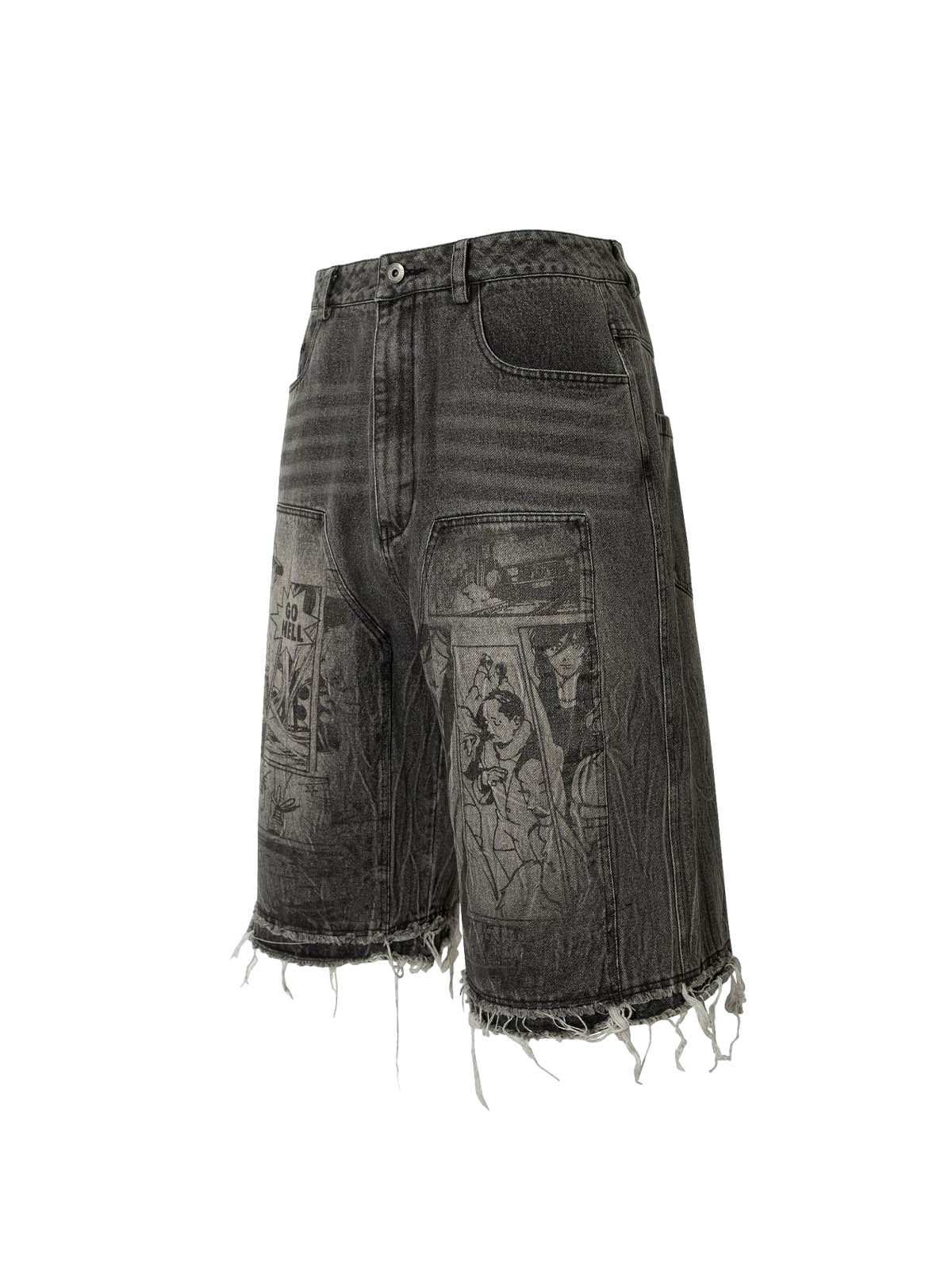Retro Cartoon Graffiti Washed Ripped Tassel Jorts