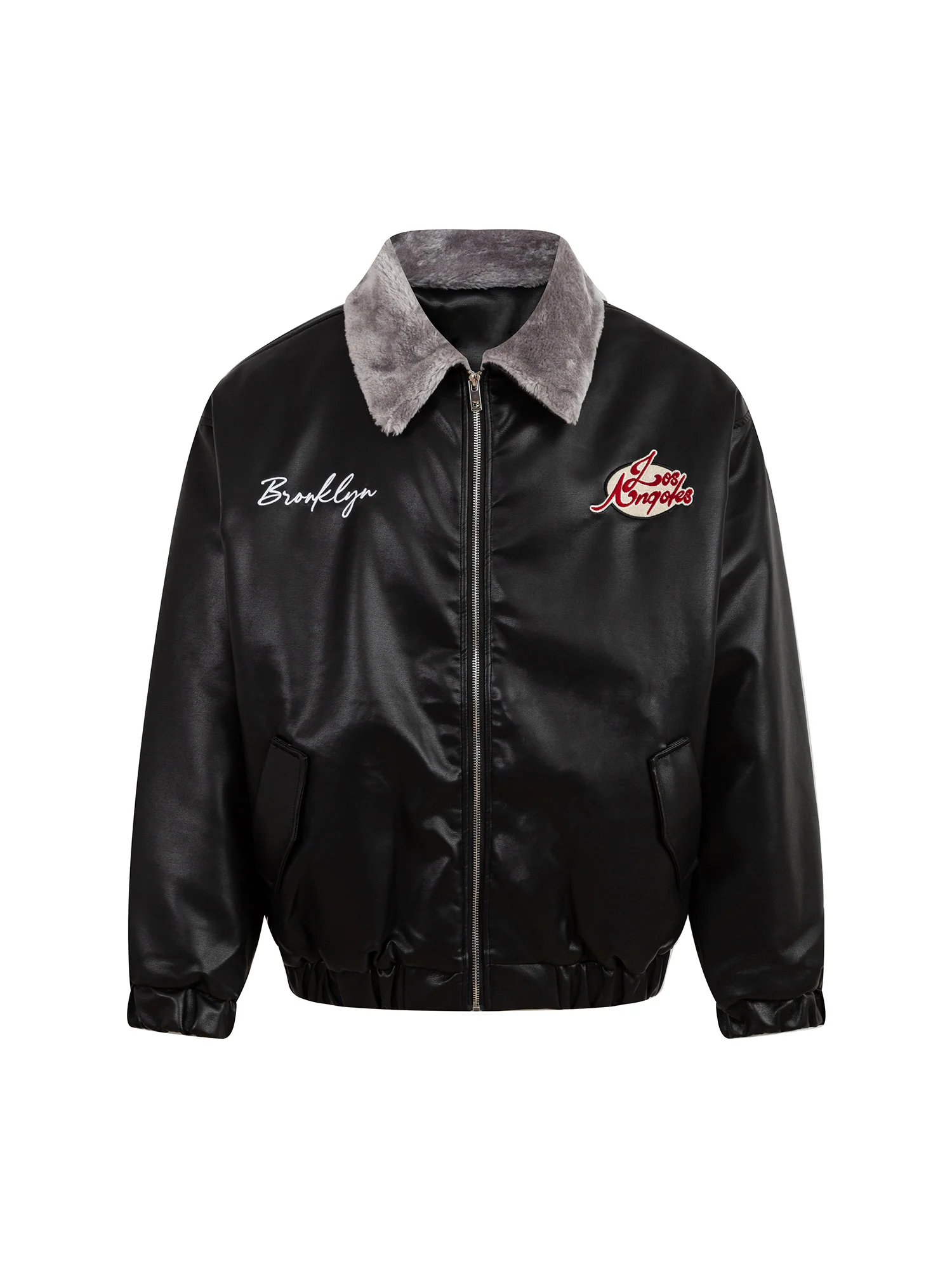 Thesupermade Embroidered Fur Collar PU leather Quilted Jacket - 2272