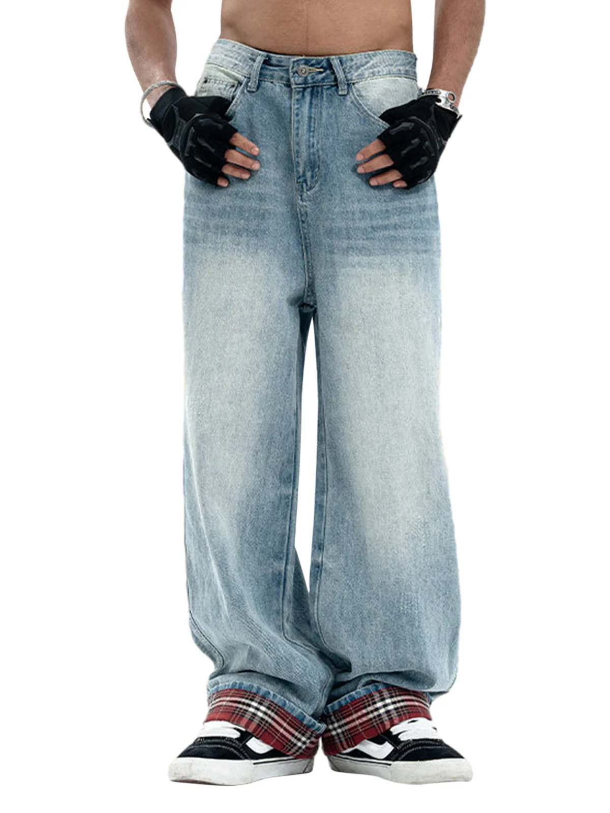 Vintage Washed Plaid Baggy Jeans