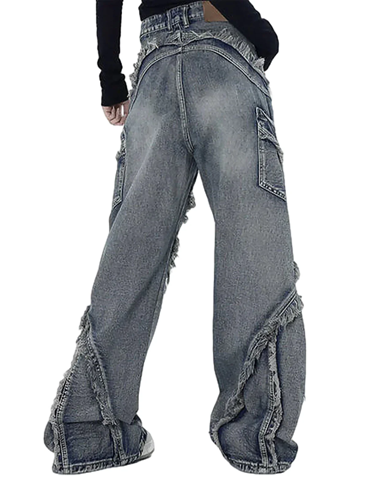 Thesupermade Washed Side Pocket Raw Edge Baggy Jeans - 2303