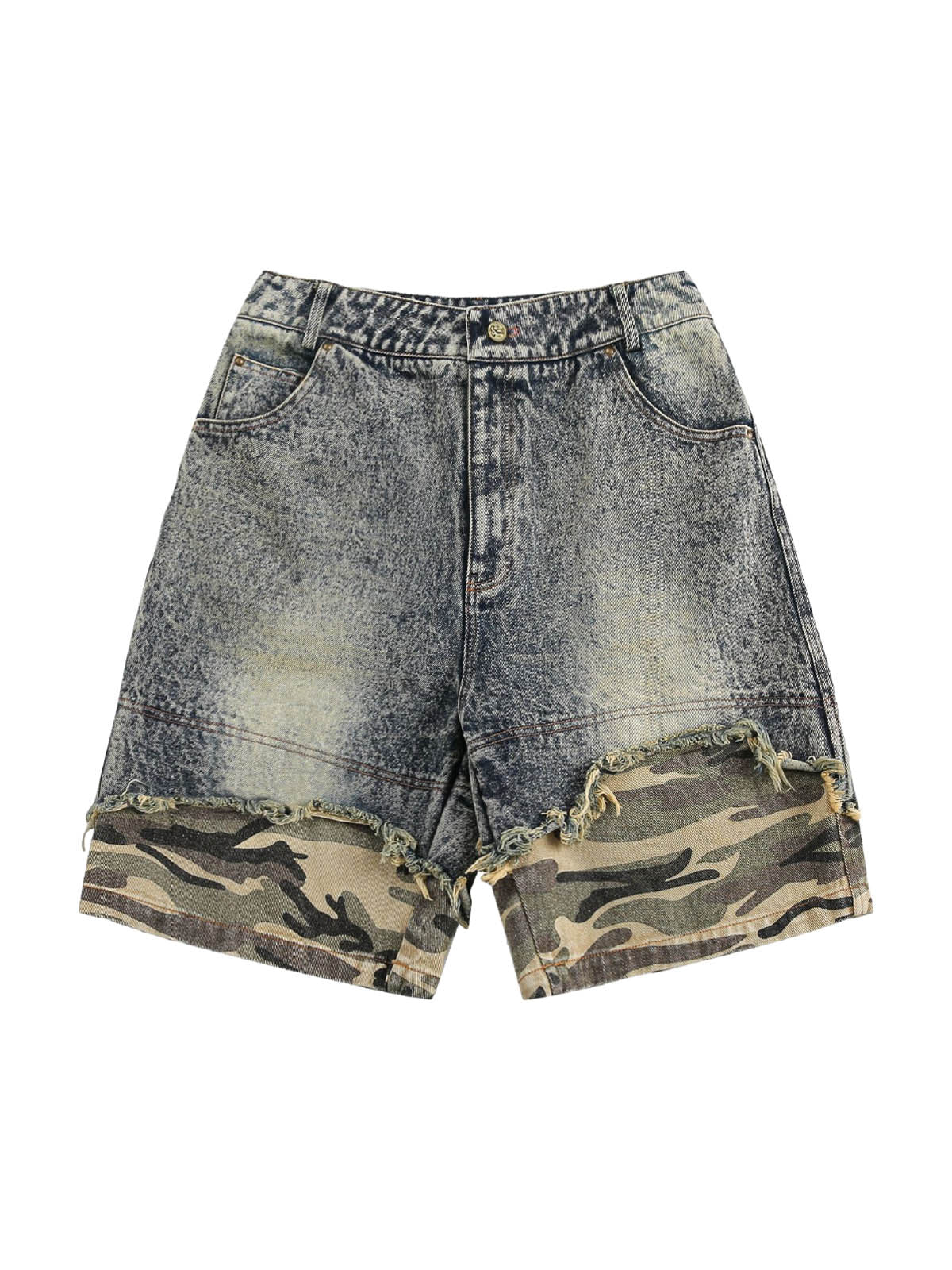 Retro Washed Camouflage Ripped Faux Two-Piece Jorts