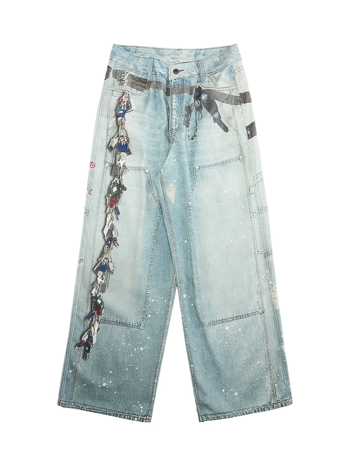 Distressed Washed Ink-splashed Chain Print Baggy Jeans