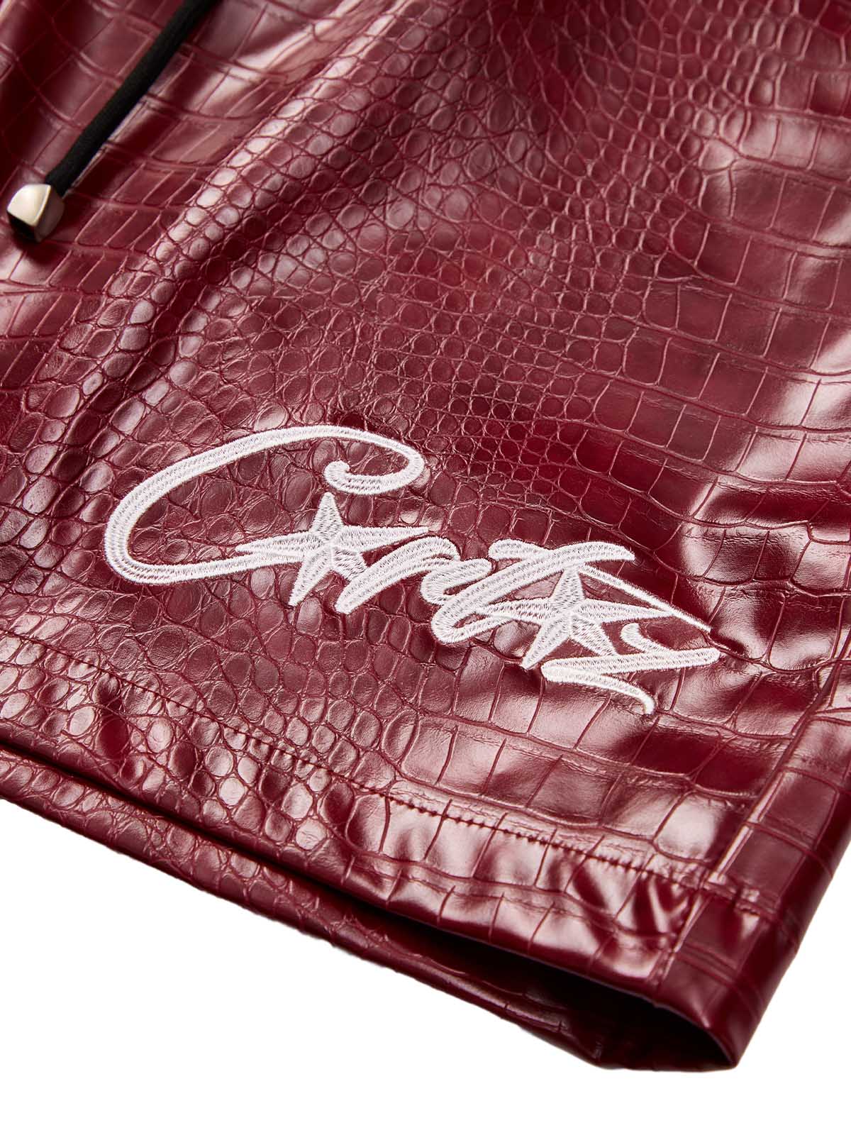 Letter Embroidered Leather Shorts