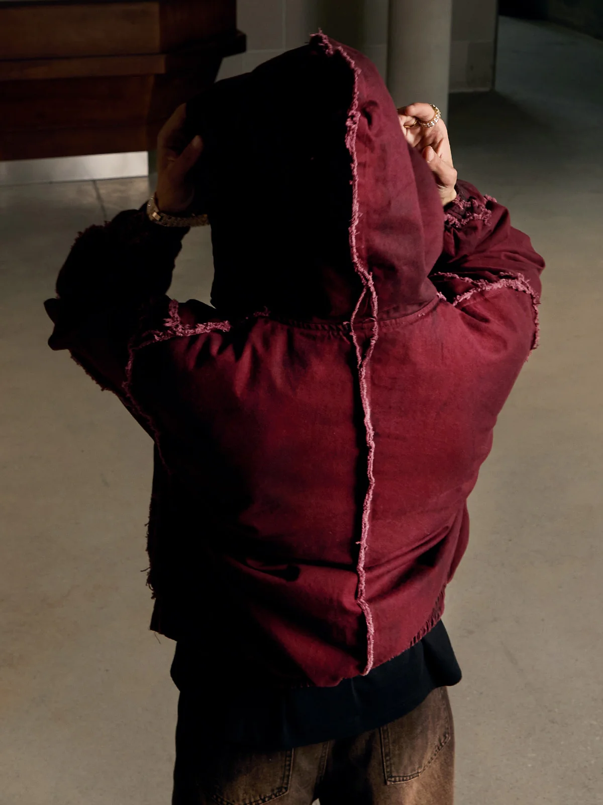 Thesupermade Washed Distressed Fur Hooded Jacket