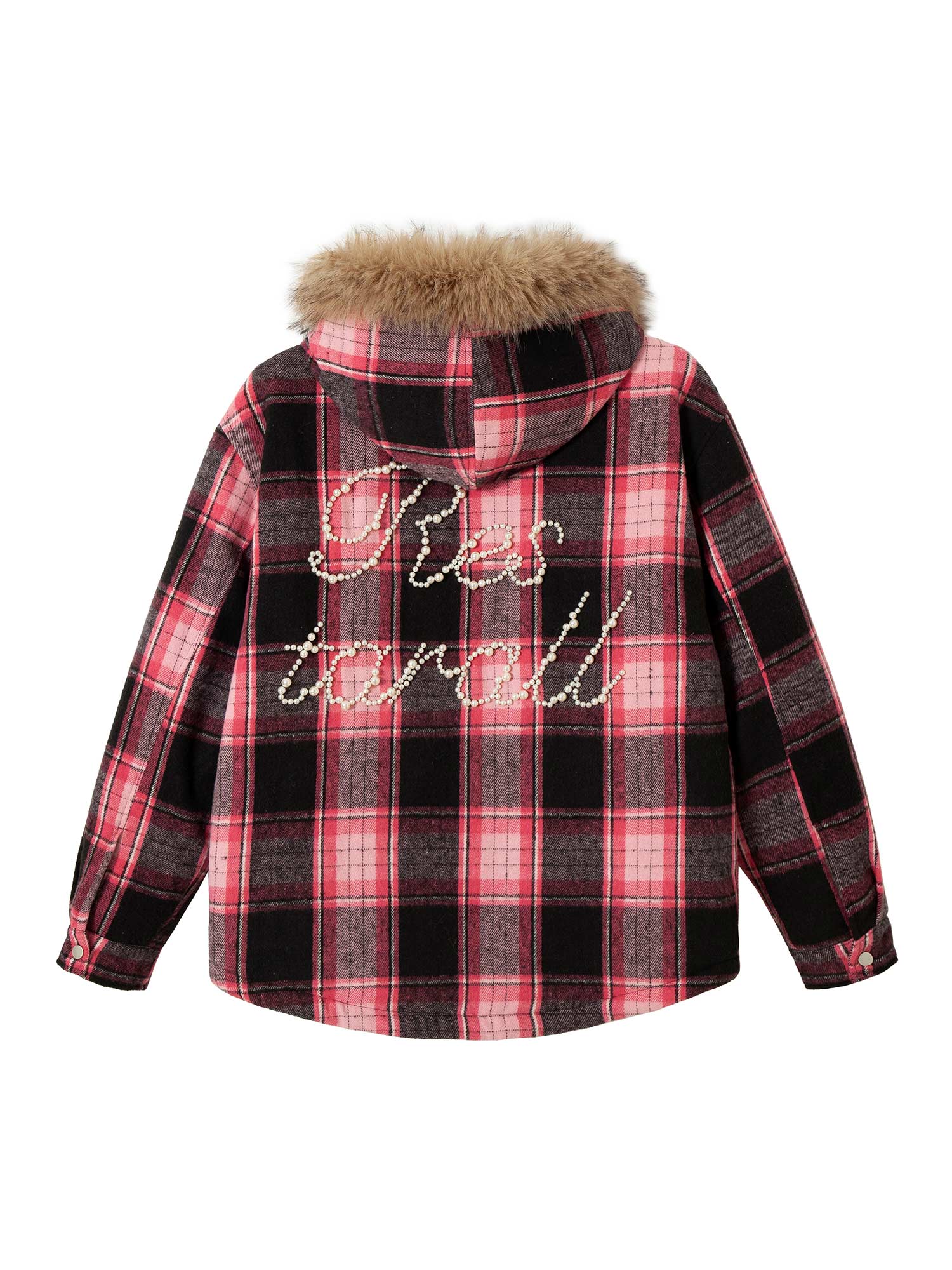 Thesupermade Beaded Fur Collar Padded Plaid Jacket