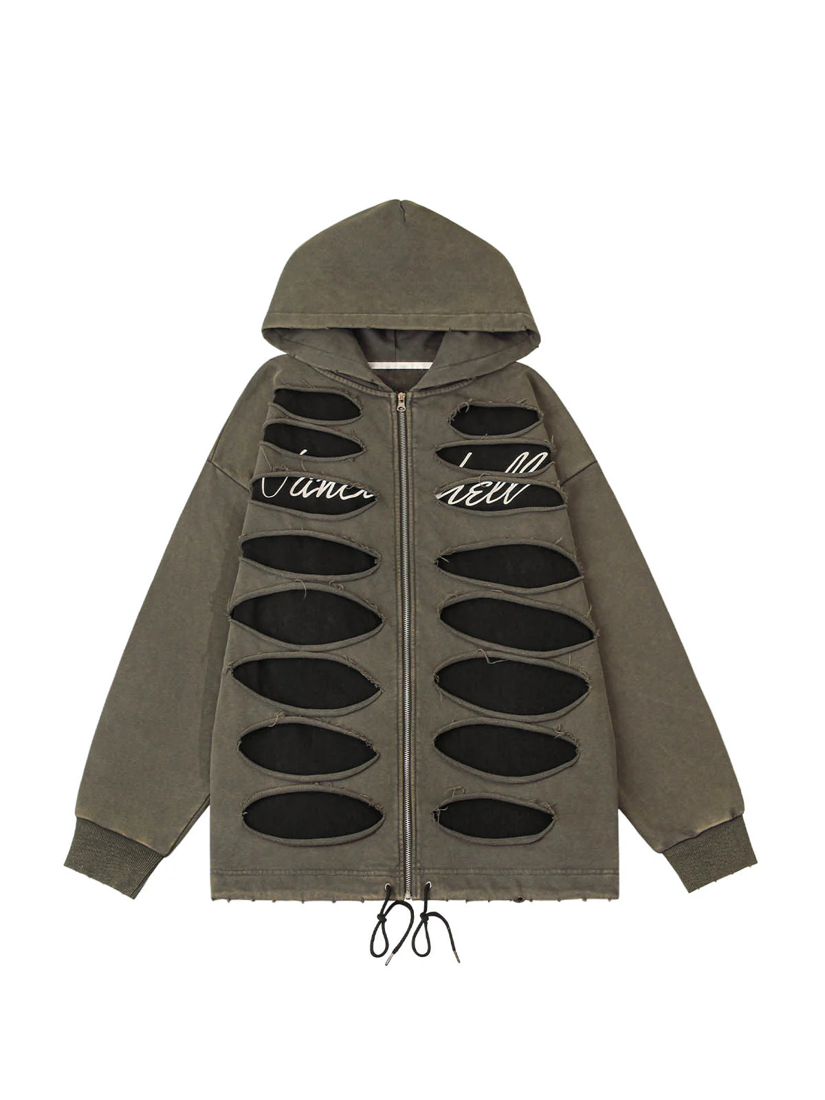 Thesupermade Ripped Drawstring Hooded Zip Up Sweatshirt
