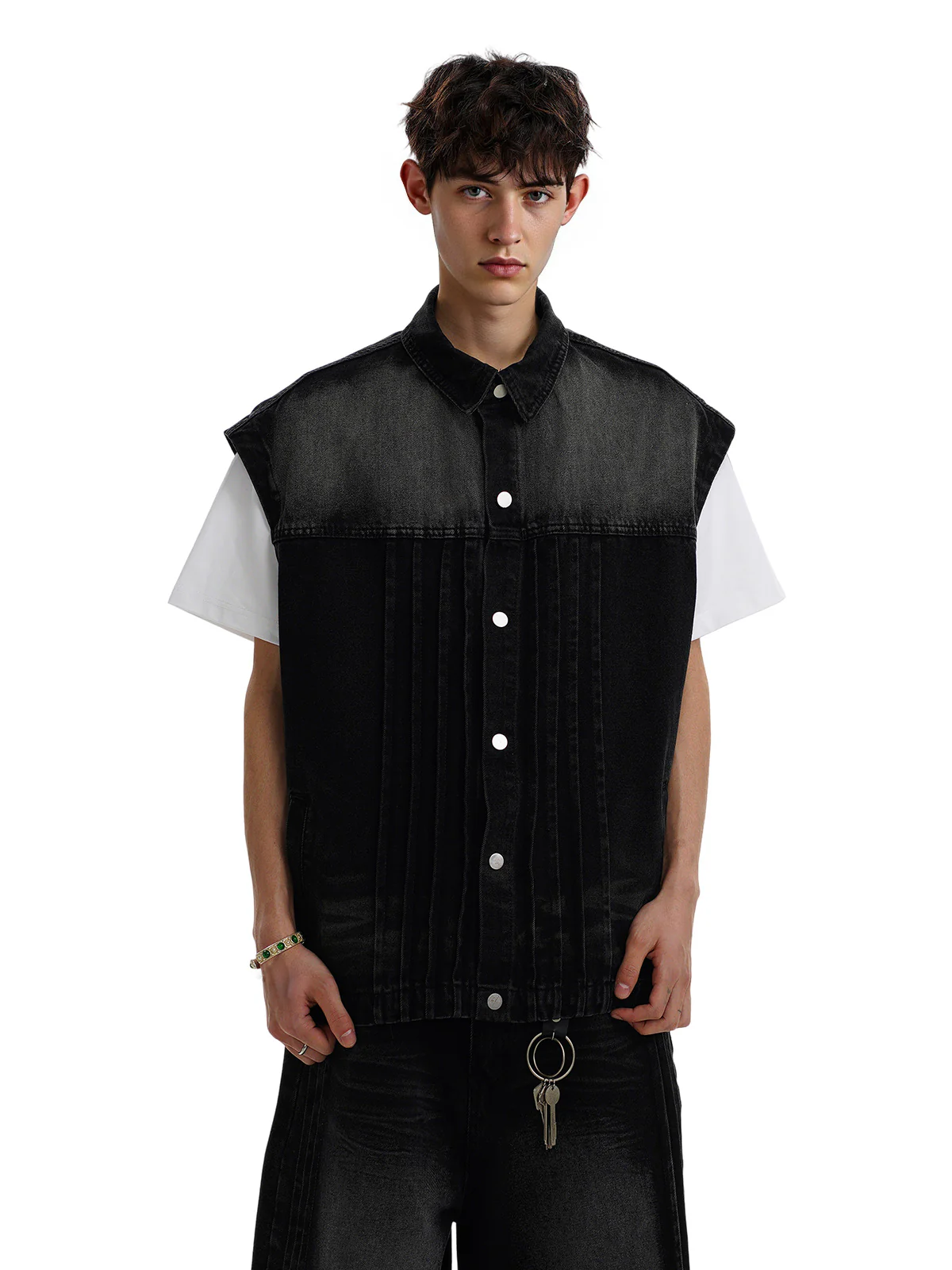 Distressed Washed Pleated Vest Jorts Denim Suit