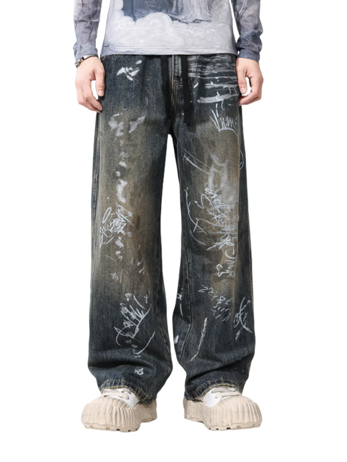 Print Hand-Painted Graffiti Drawstring Baggy Jeans