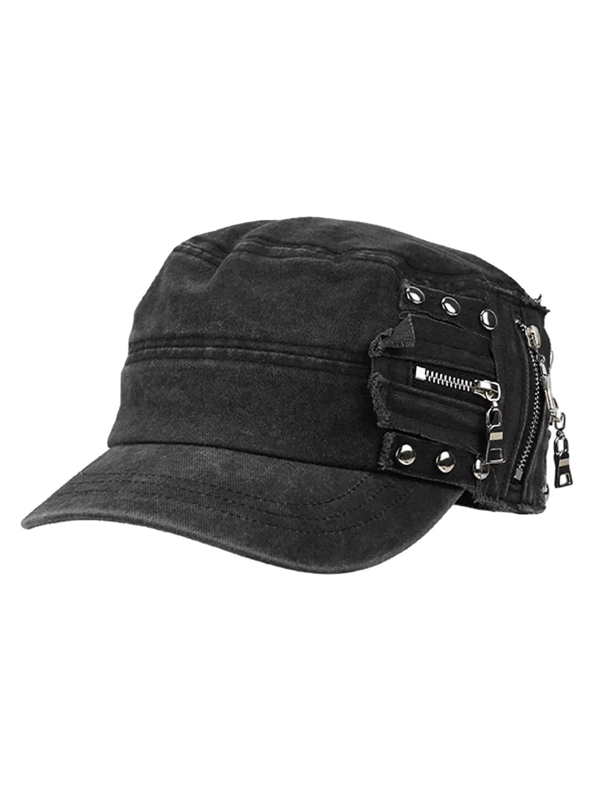 Washed Rivet Zipper Flat Top Cap