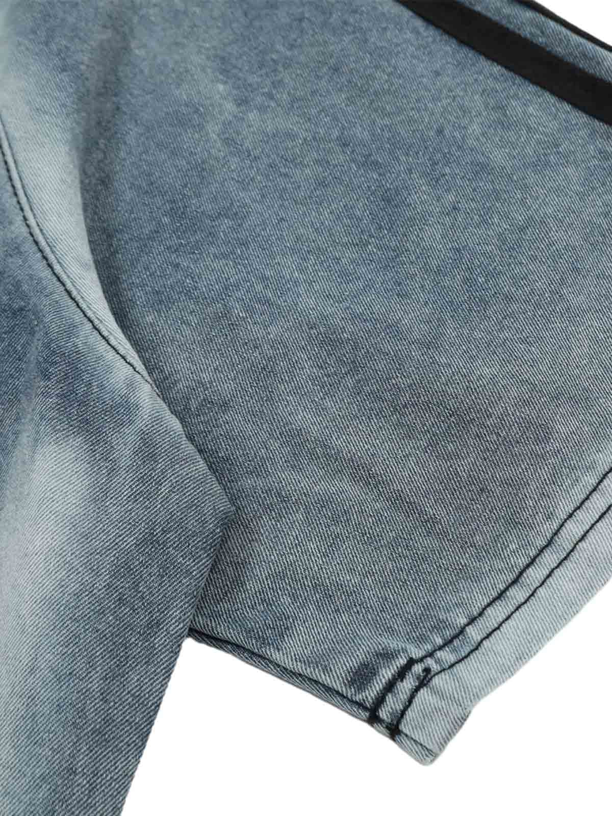 Retro Letter Embroidery Contrast Denim T-shirt