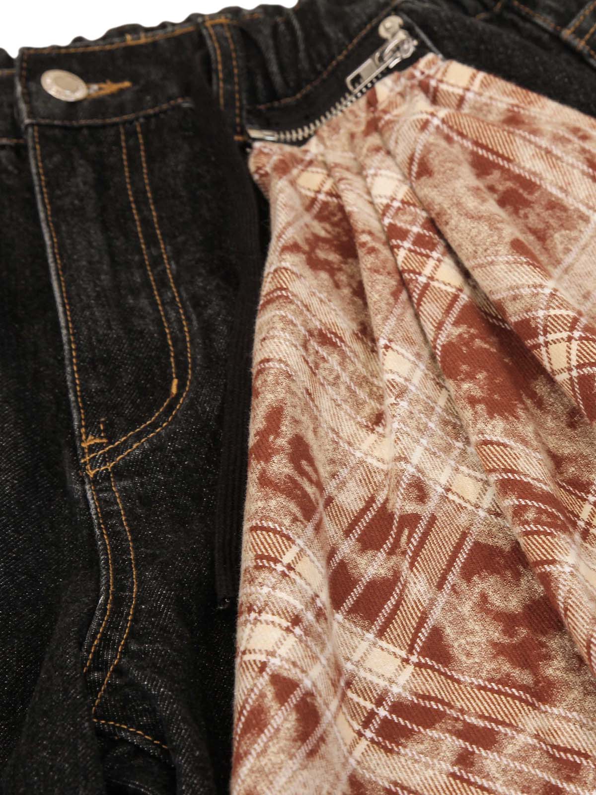 Patchwork Plaid Pleated Baggy Barrel Jeans - 2334