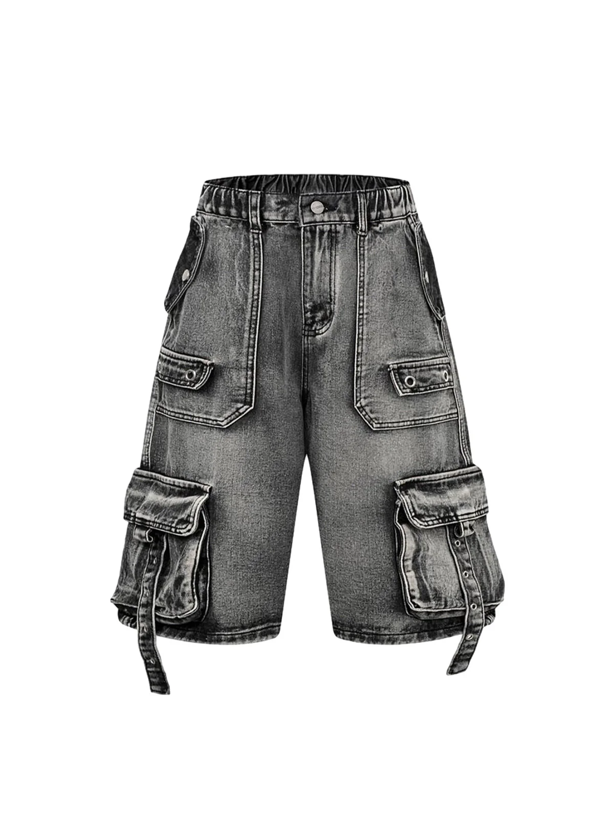 High-Waisted Multi-Pocket Denim Cargo Shorts