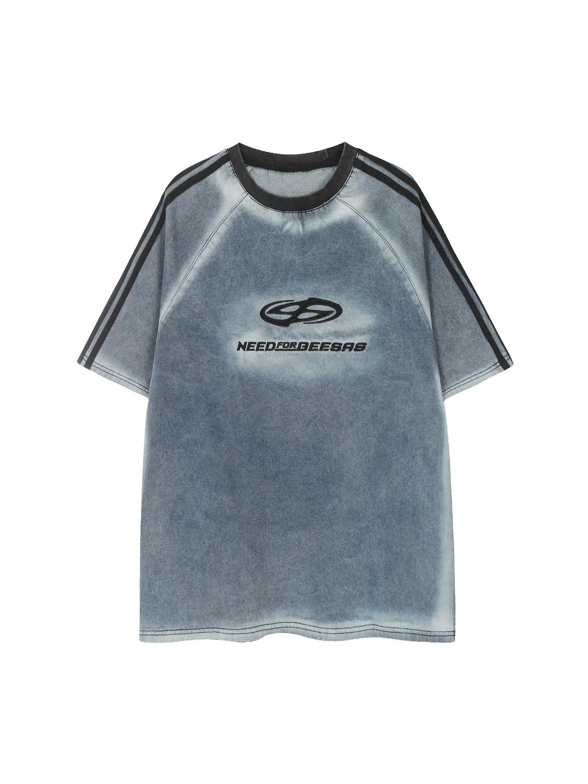 Retro Letter Embroidery Contrast Denim T-shirt