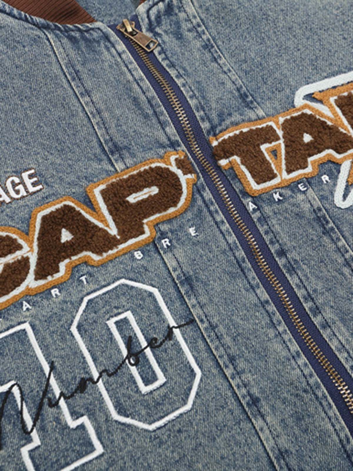 Thesupermade Alphabet Patch Embroidered Quilted Denim Bomber Jacket - 2311