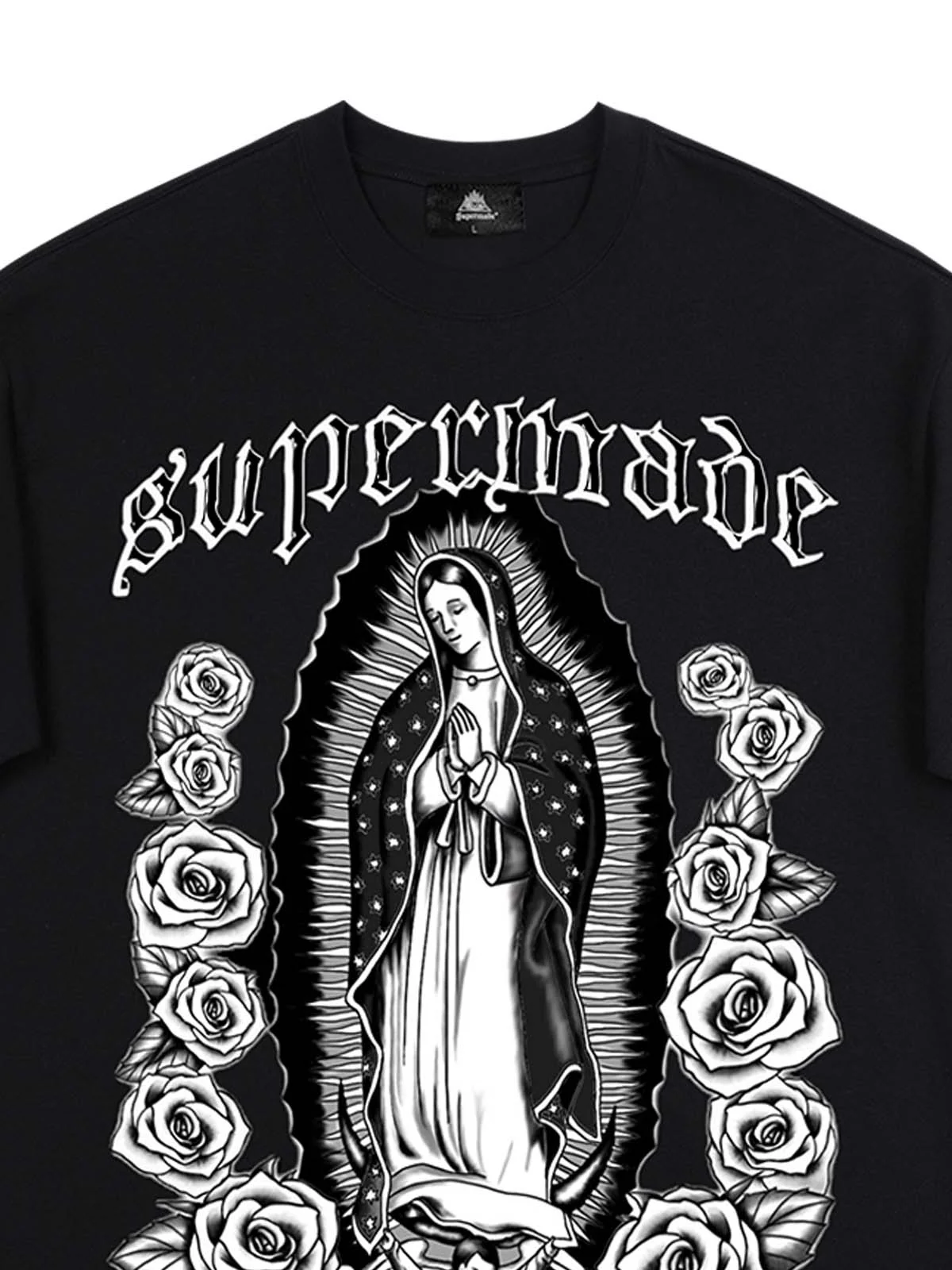 Original Retro Gothic Virgin Mary Floral Print T-Shirt