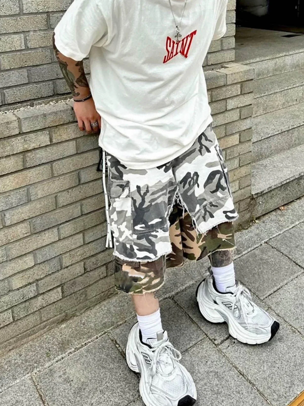 Retro Faux Two-Piece Whisker Camouflage Jorts - 2386