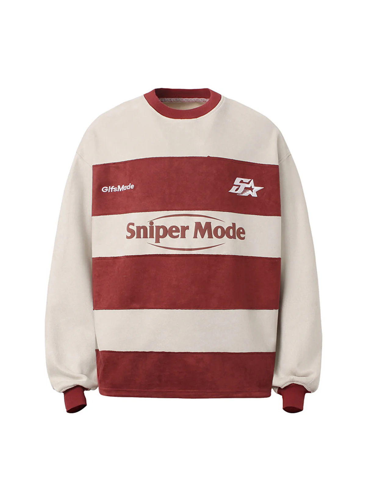 Suede Contrast Stripe Embroidered Long SleeveT-shirt