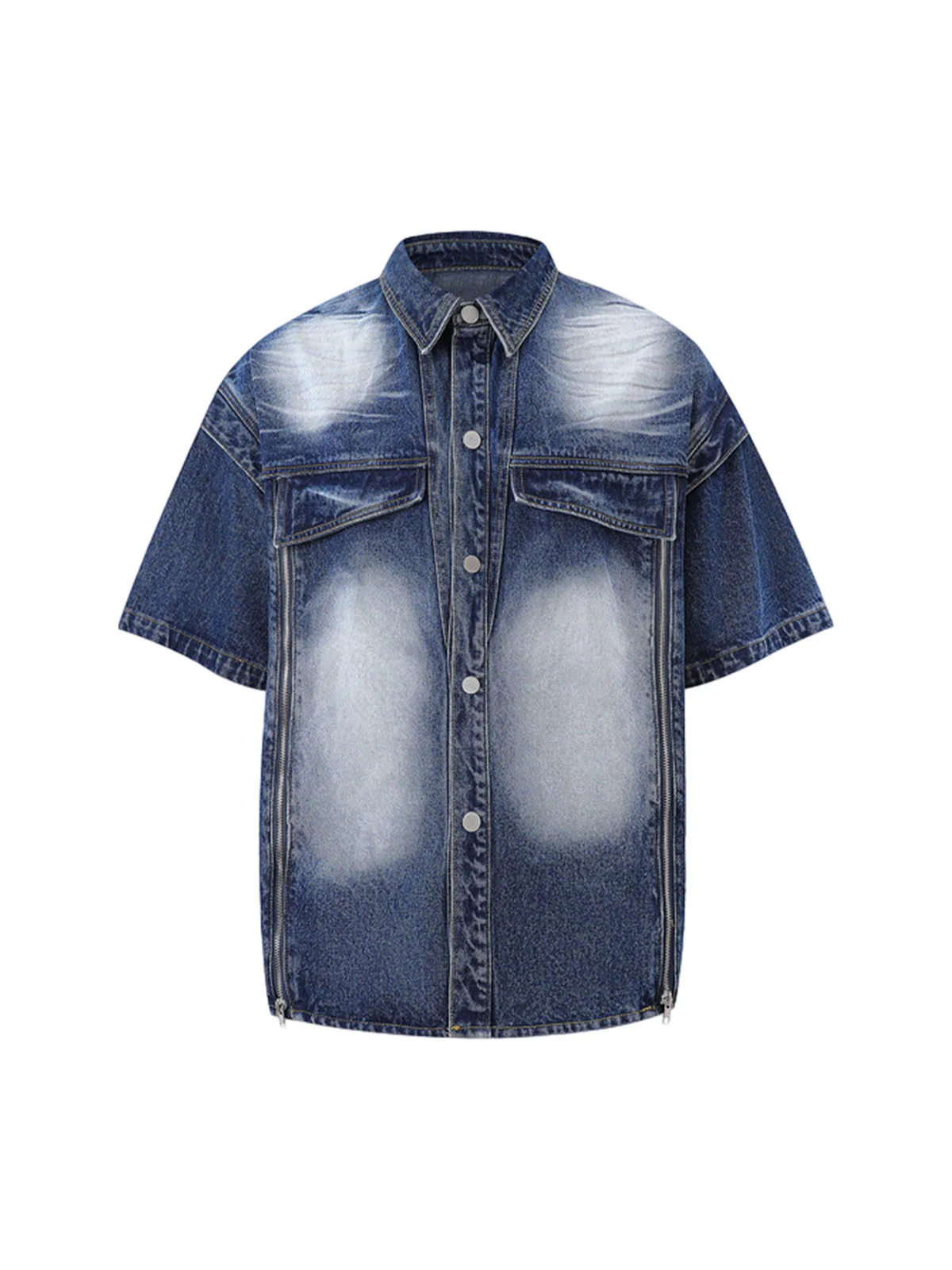 Distressed Washed Workwear Denim Shirt And Jorts Set