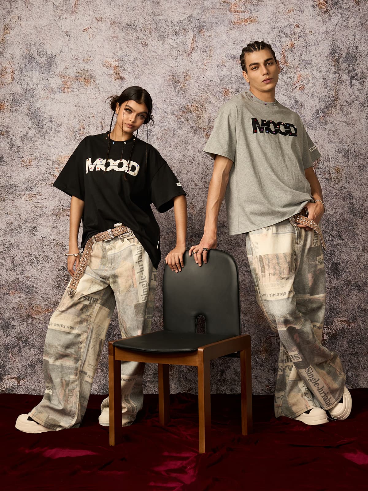 Street Retro MOOD Patch Embroidered Rivet T-shirt