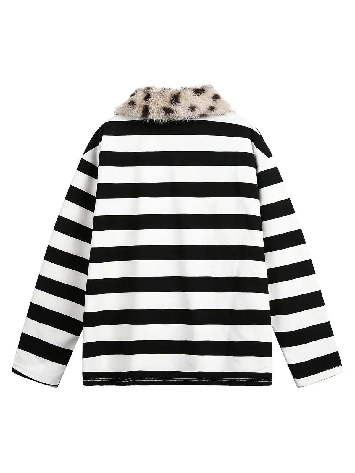 Striped Detachable Fur Collar Long-Sleeve T-shirt - 2397