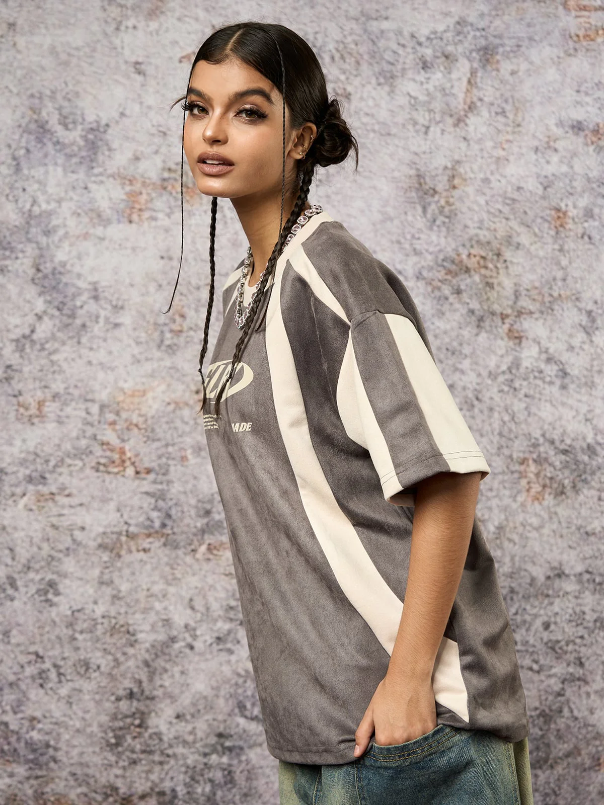 Jersey Deconstructed Contrast Color Stitching Print T-shirt