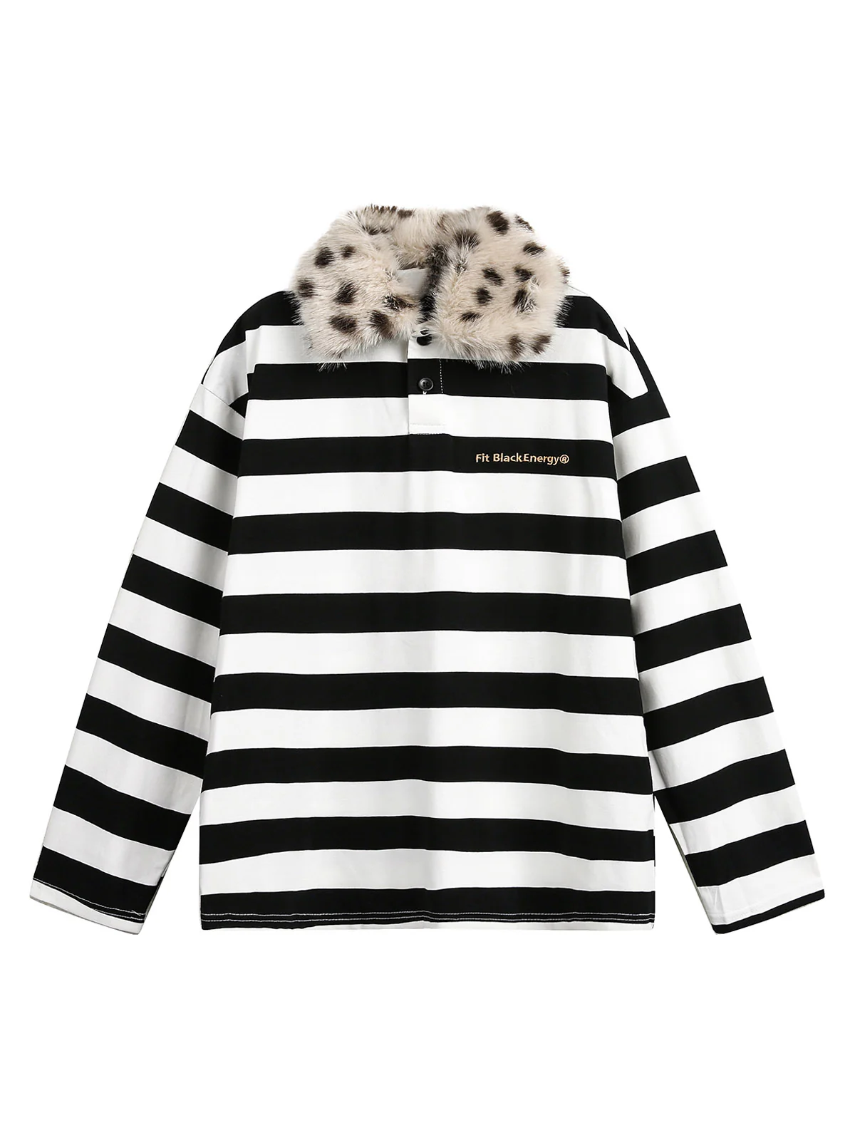 Striped Detachable Fur Collar Long-Sleeve T-shirt - 2397