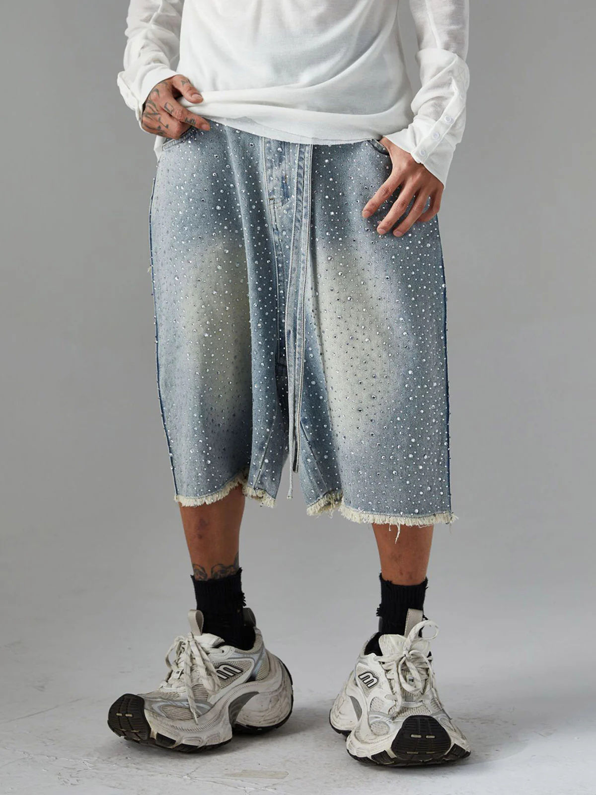 Distressed Rhinestone Denim Jorts