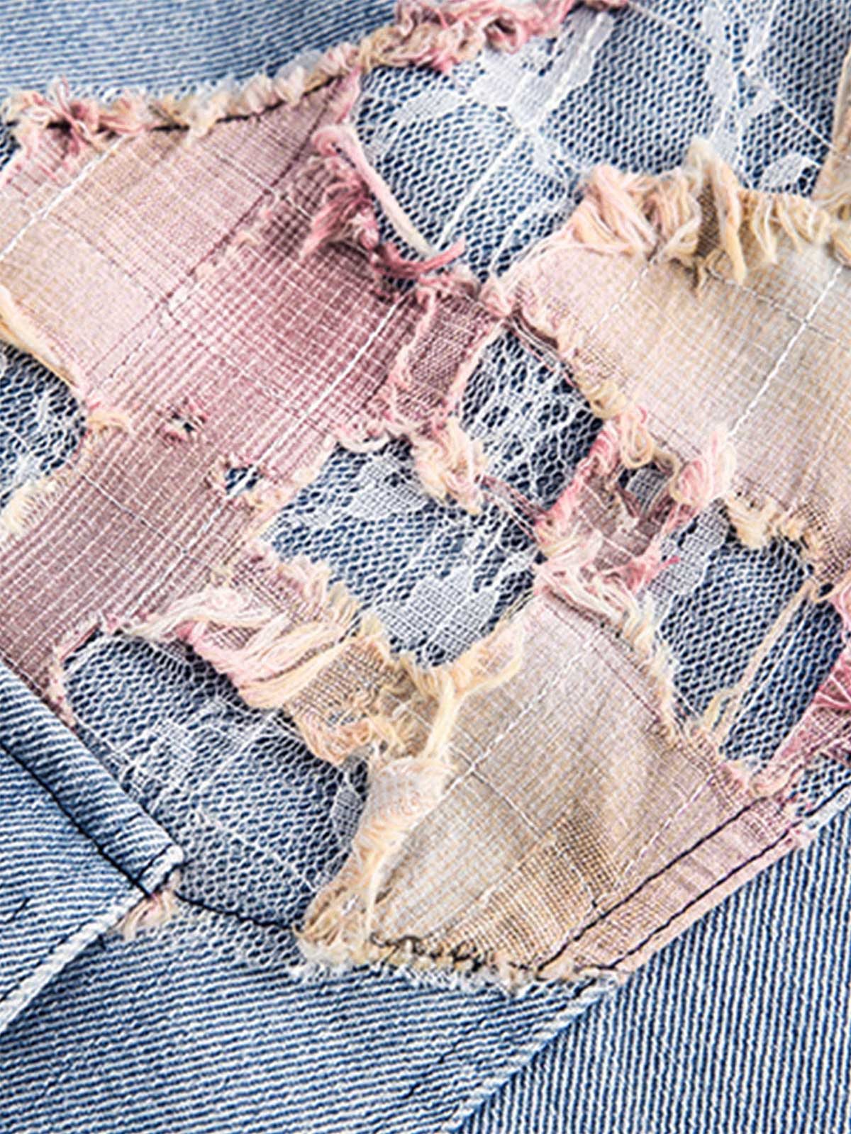 Thesupermade American Street Style Lace Patchwork Denim Jacket