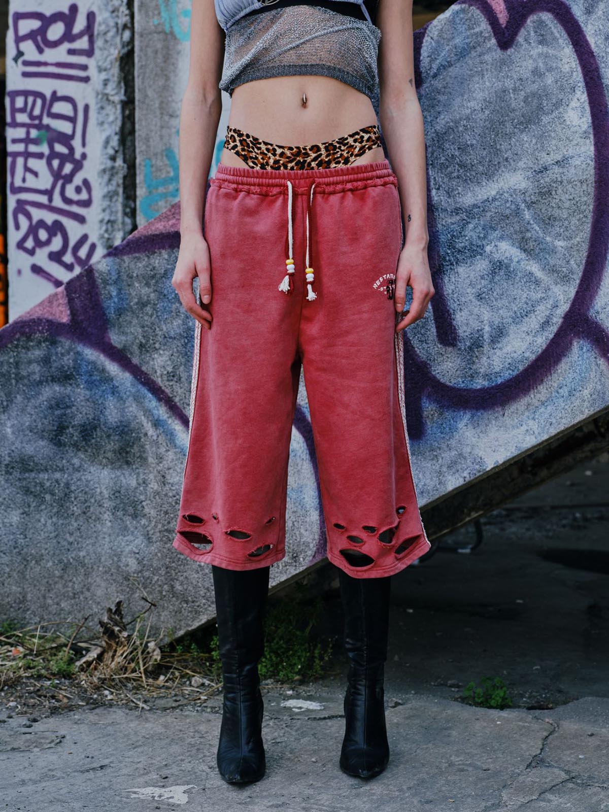 Distressed Ripped Red Culotte Jorts