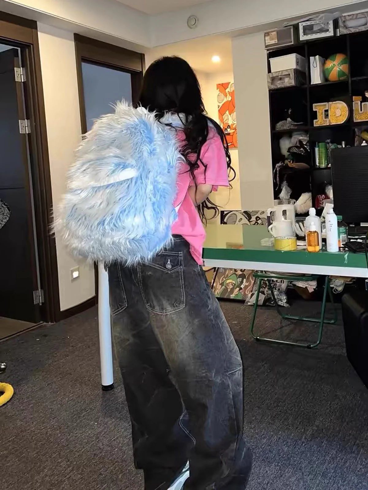Snow Monster Contrast Ice Blue Furry Backpack