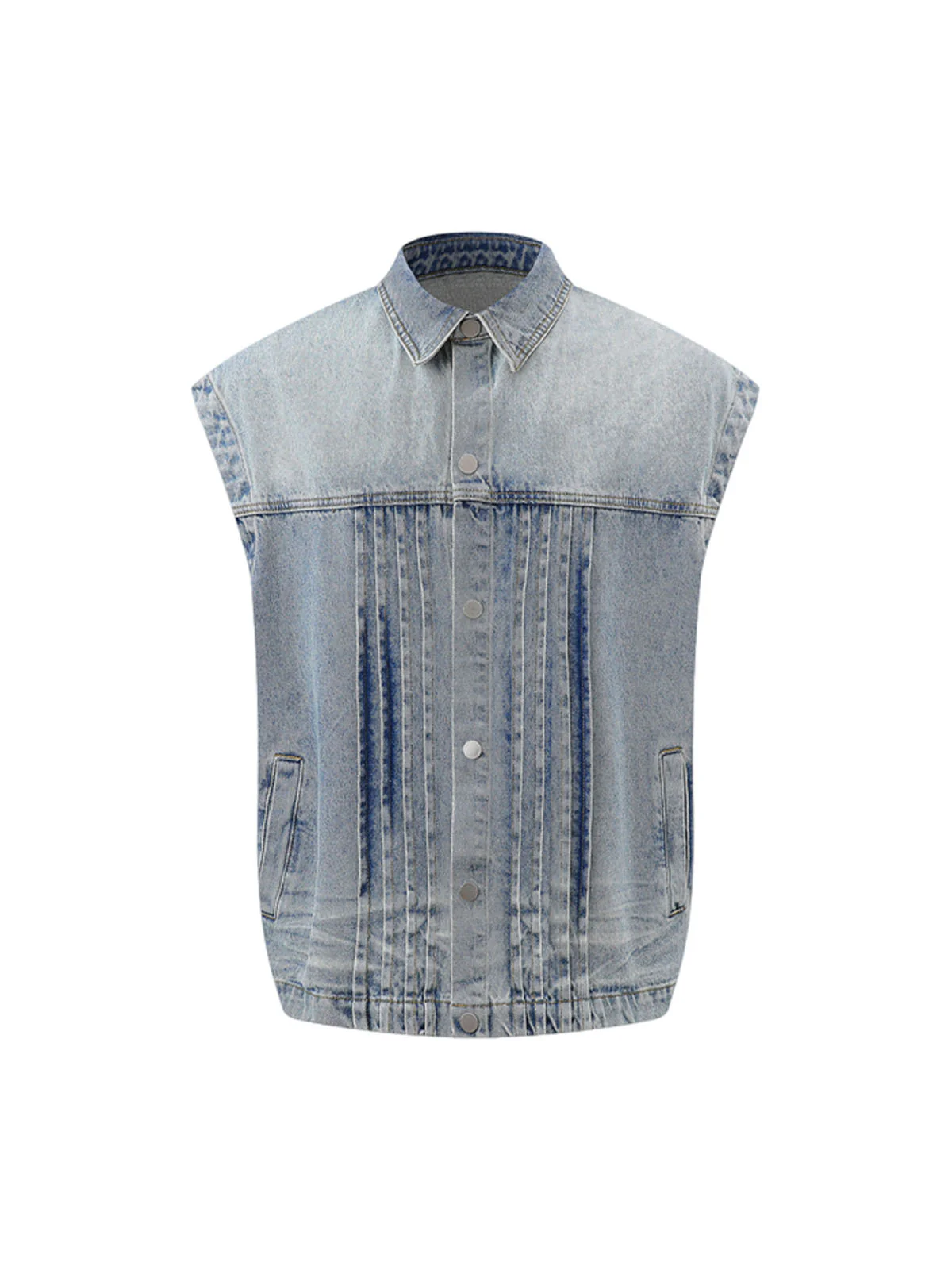 Distressed Washed Pleated Vest Jorts Denim Suit