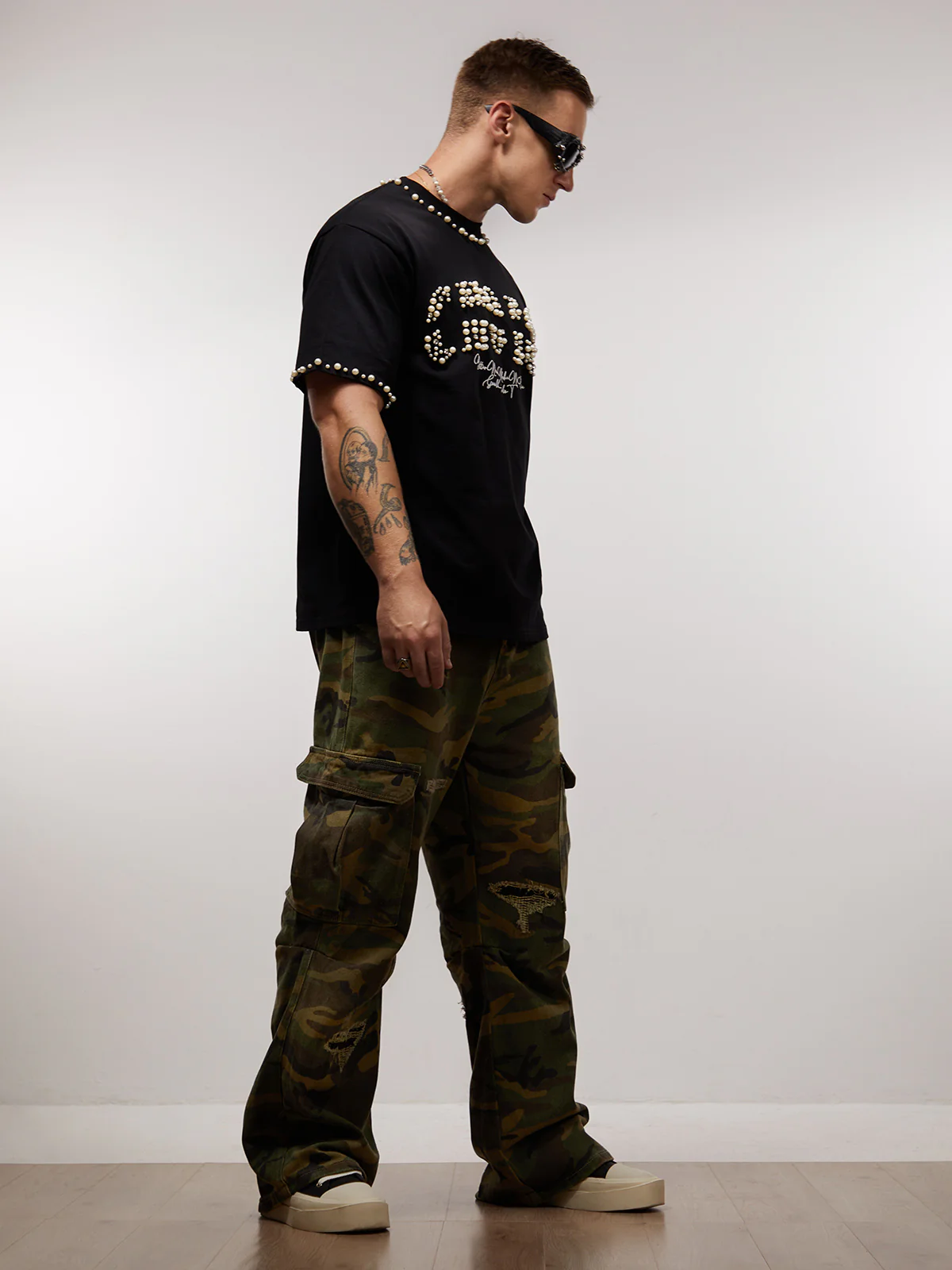 Elegant Pearl-Embellished Oversized T-Shirt