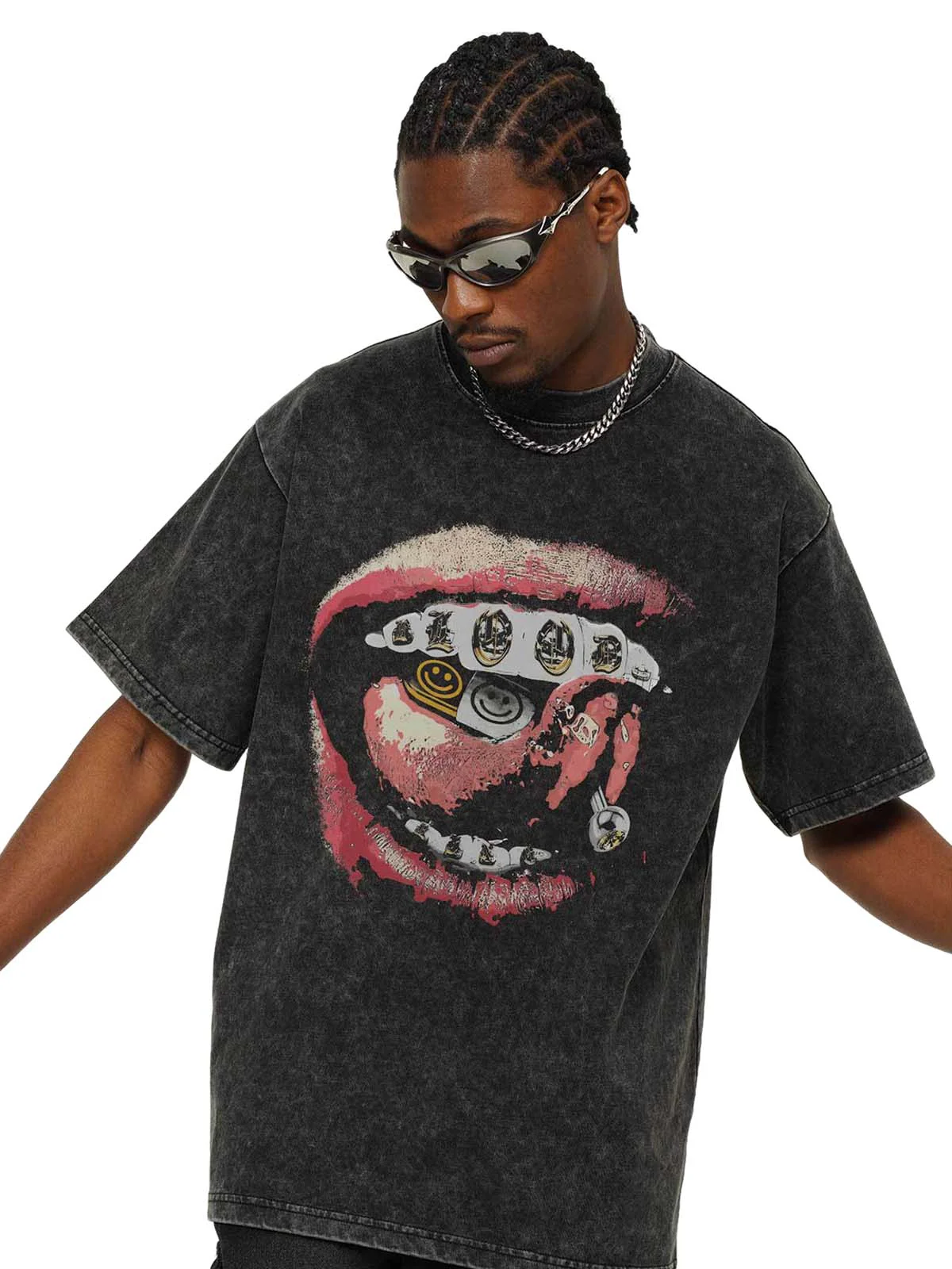 Street Retro Washed Lip Print T-shirt
