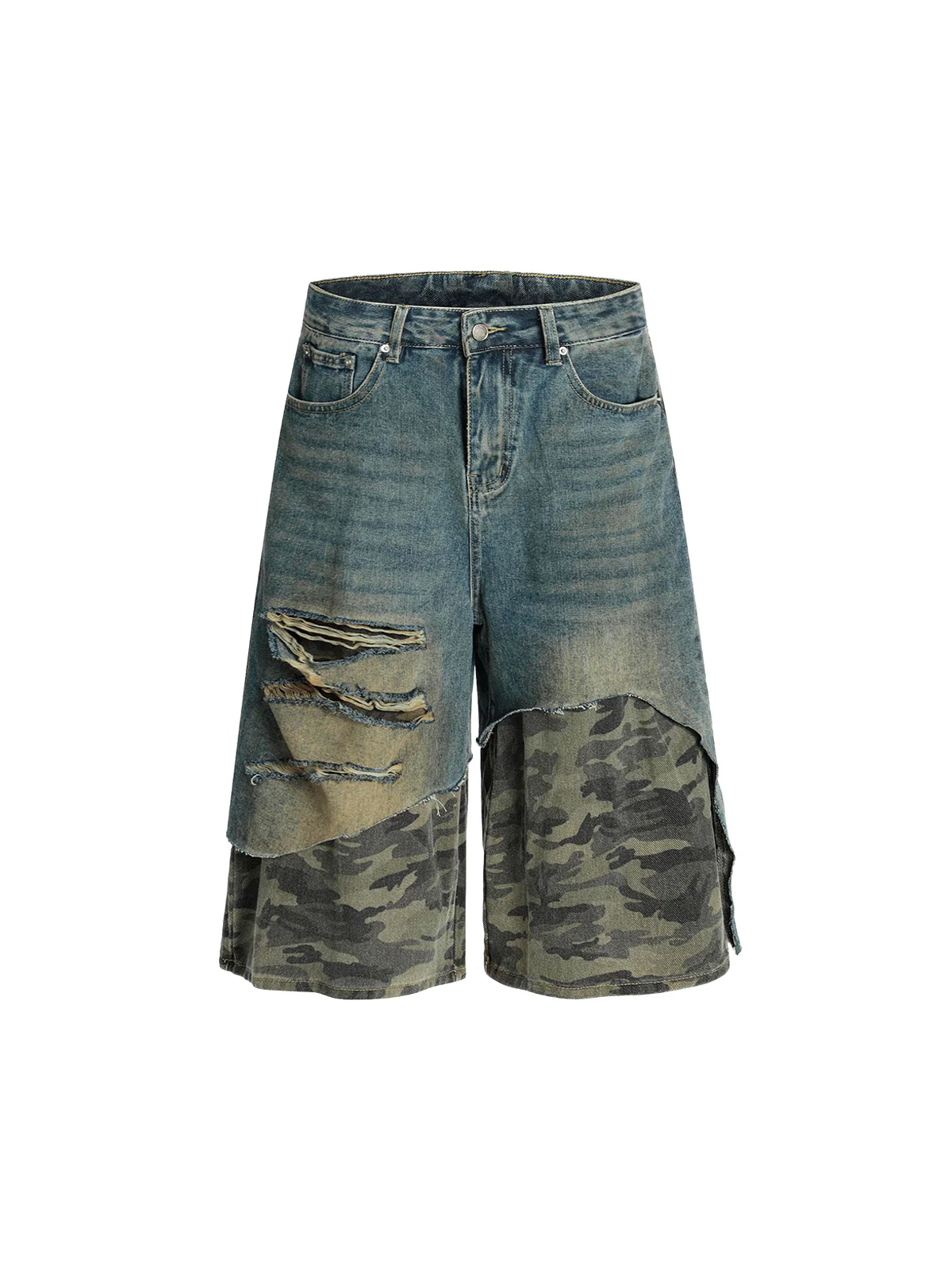 Distressed Camouflage Hem Denim Shorts