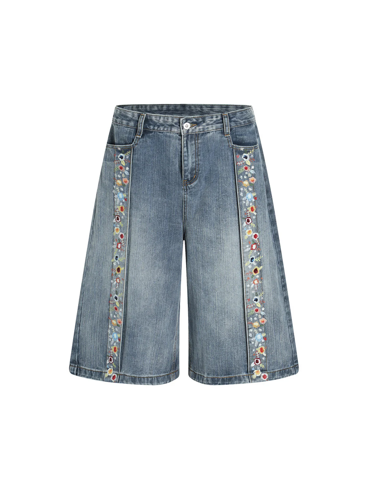 Embroidered Floral Culottes Denim Jorts
