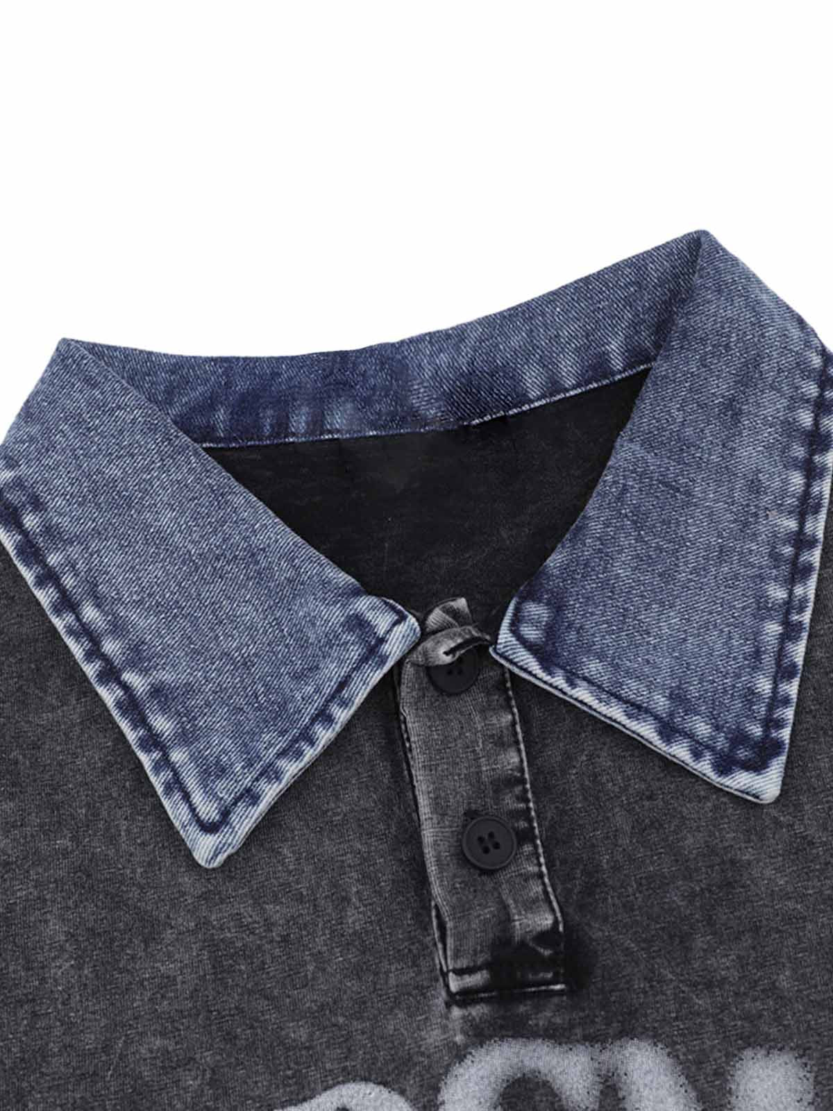Distressed Embroidered Denim Collar Polo Shirt