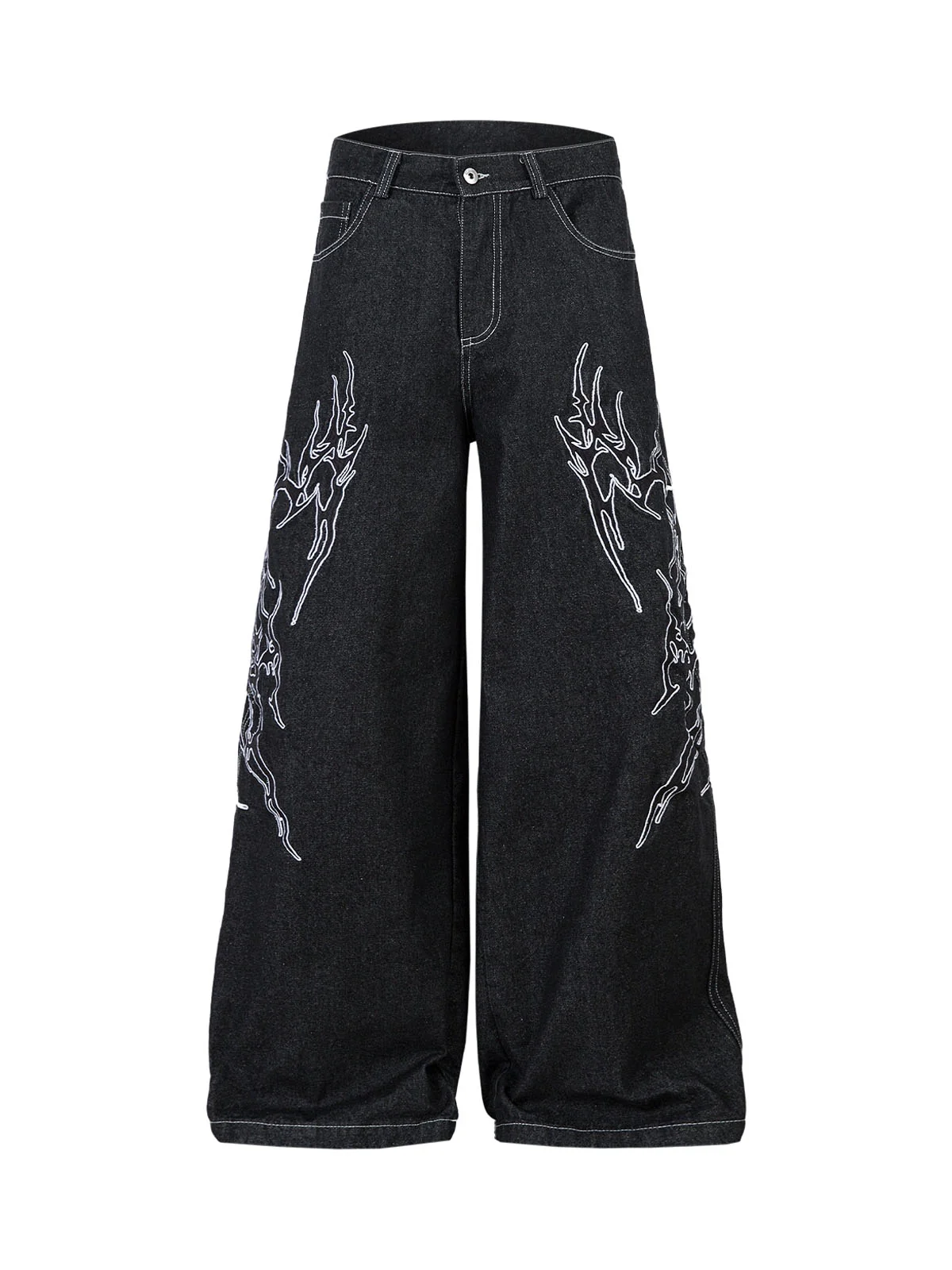 Embroidered Flame Baggy Jeans