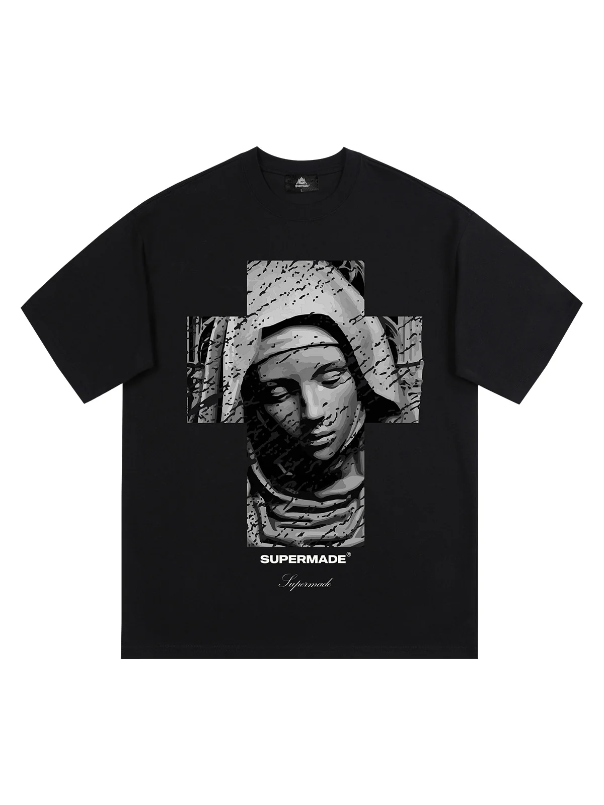 Original Retro Virgin Mary Mottled Cross Print T-Shirt