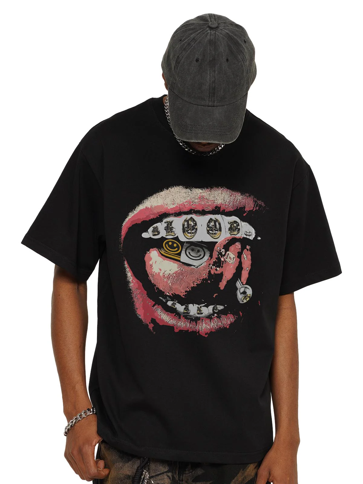 Street Retro Washed Lip Print T-shirt