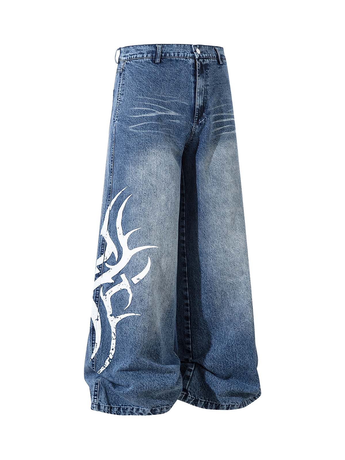 Washed Print Straight Jeans